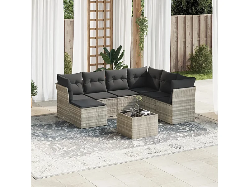 8 pcs conj. sofás jardim c/ almofadões vime PE cinzento-claro