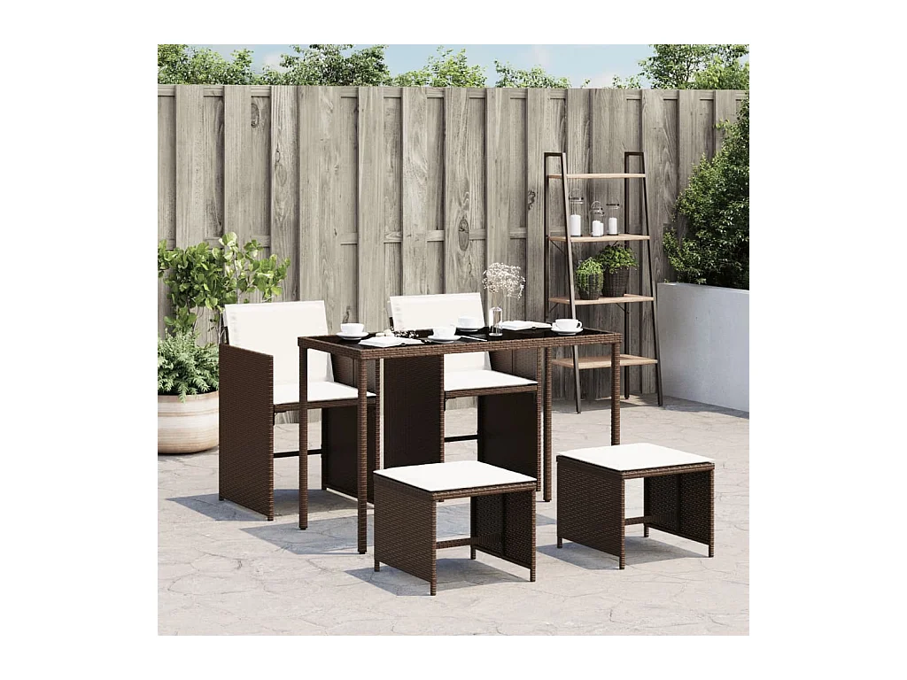 Ensemble à manger de jardin 5 pcs et coussins marron poly rotin