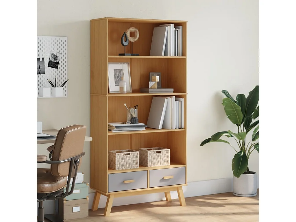 Bücherregal OLDEN 4 Fächer Grau und Braun Massivholz Kiefer