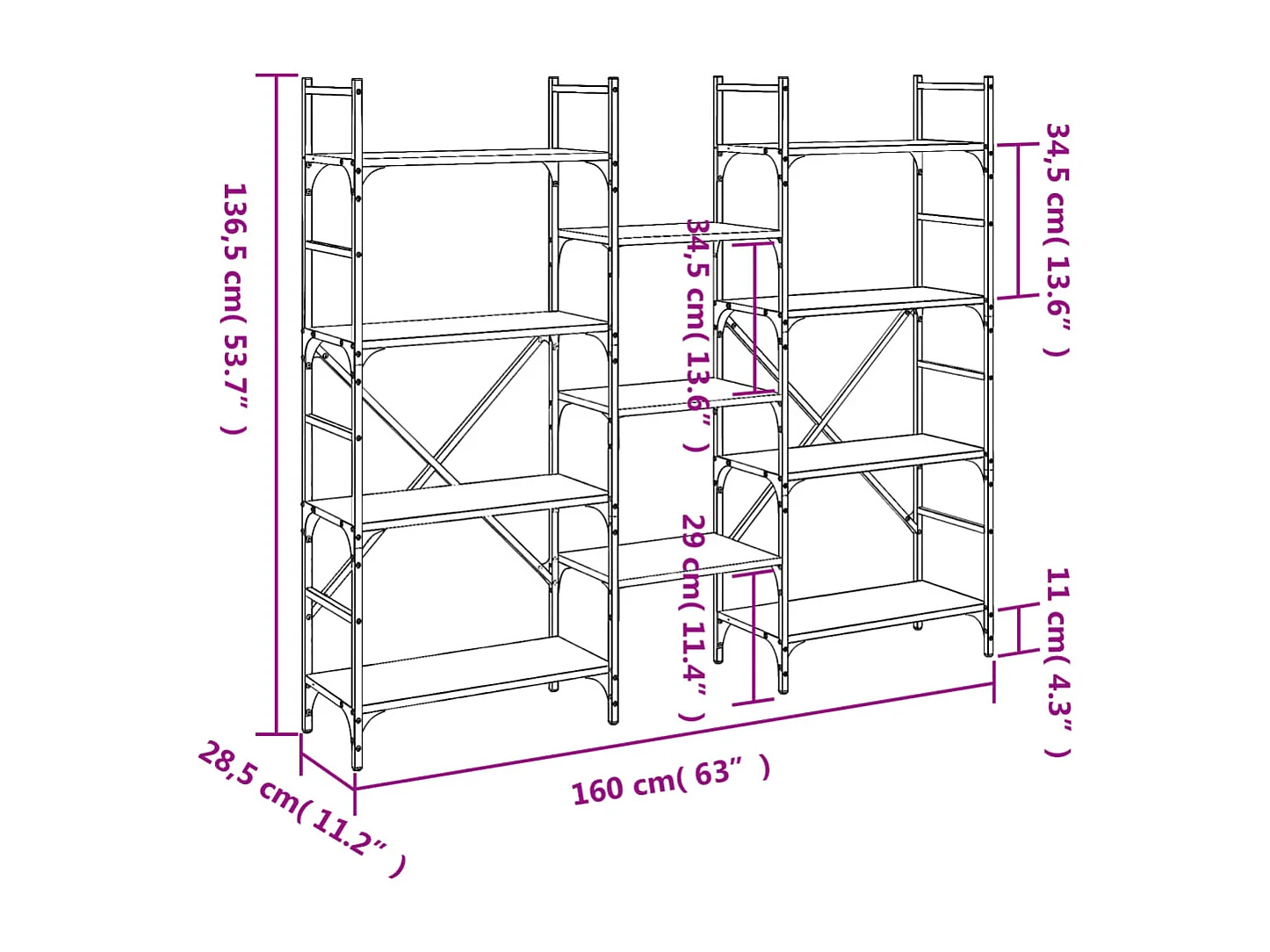 Bibliothèque sonoma gris 160x28,5x136,5 cm bois d'ingénierie