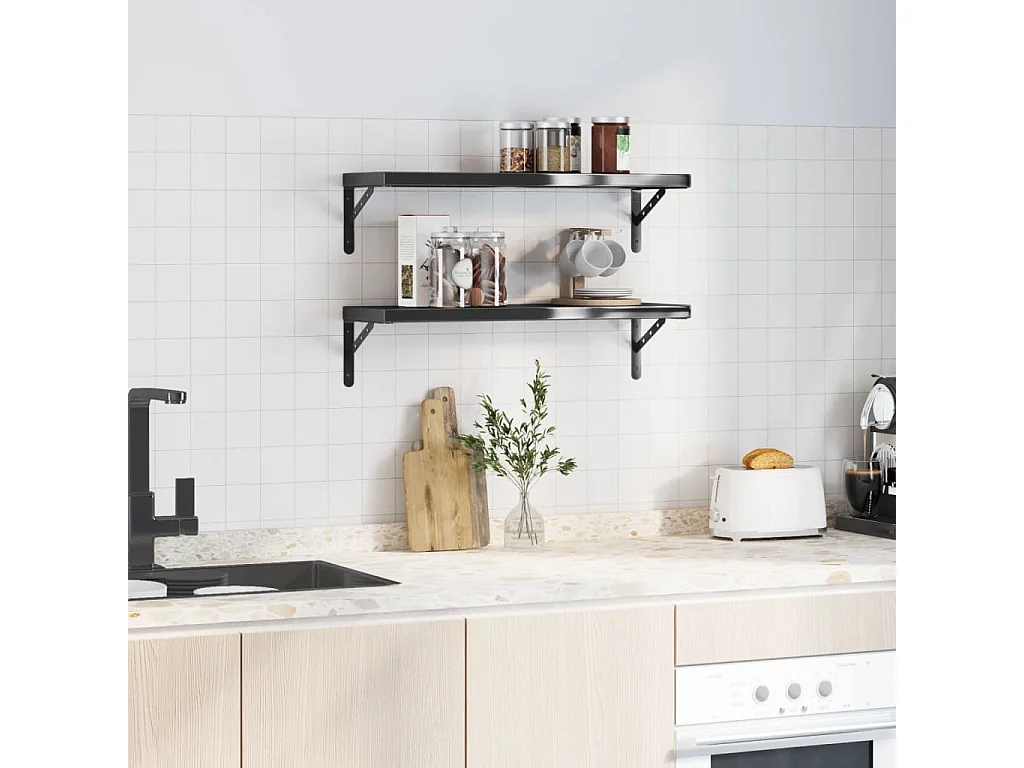 Estantes de pared 2 uds acero inoxidable negro 75x23,5x3 cm