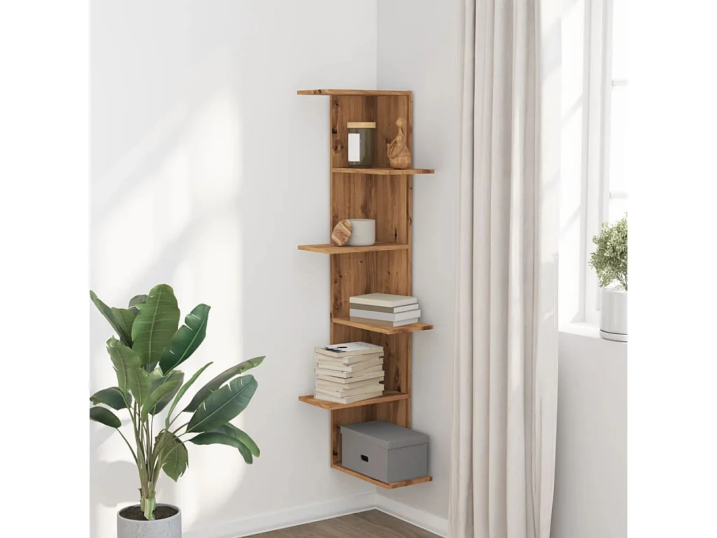 Hoekwandschap 36,5x36,5x140 cm bewerkt hout artisanaal eiken