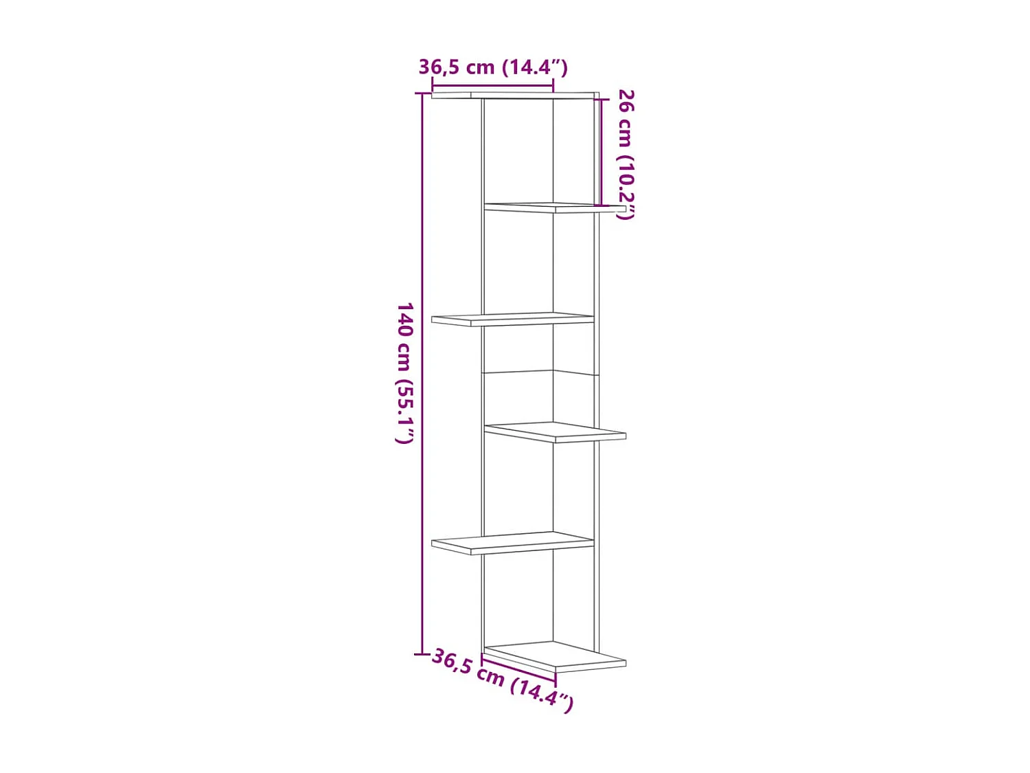 Hoekwandschap 36,5x36,5x140 cm bewerkt hout artisanaal eiken