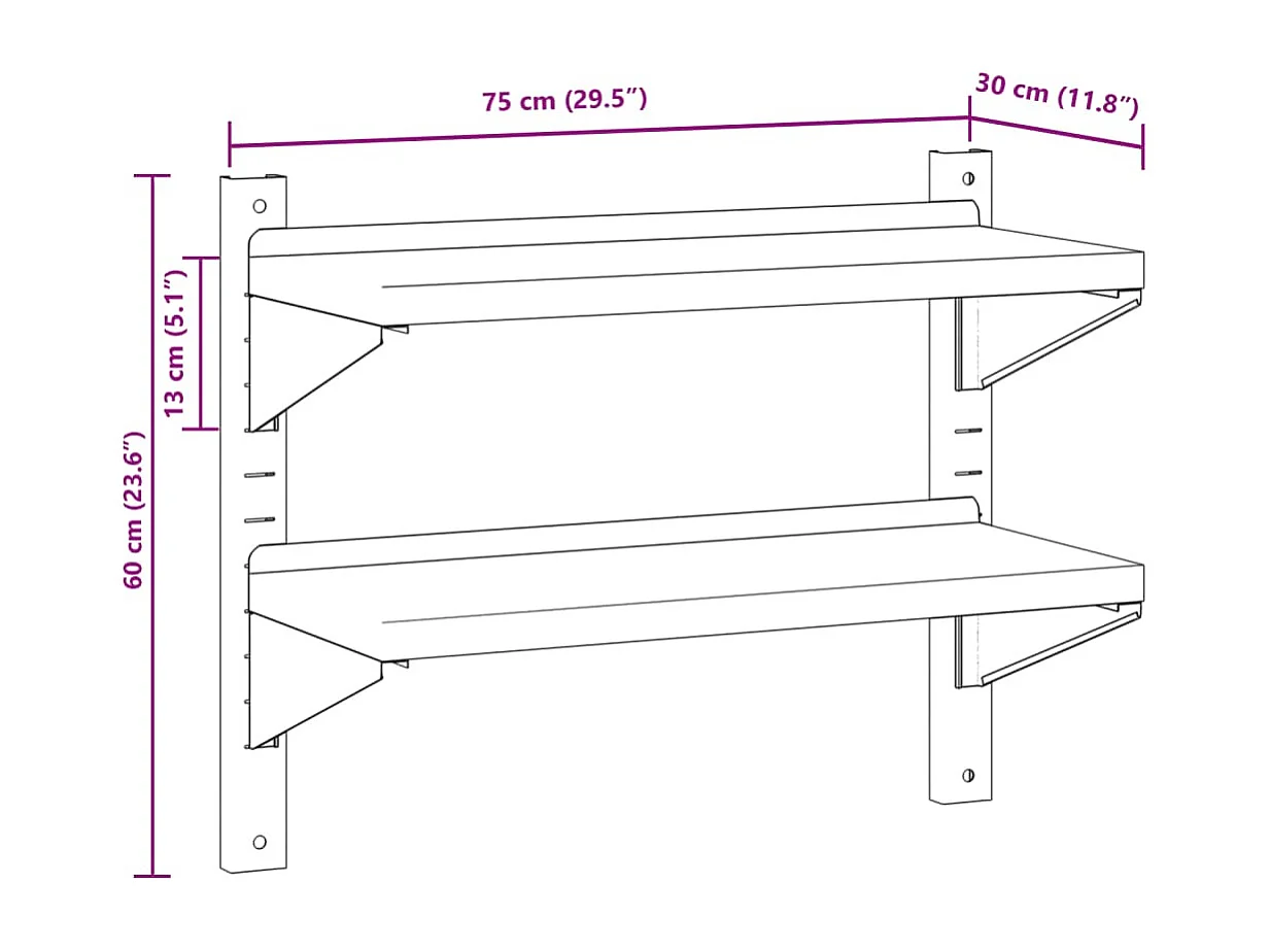 Estante parede 2 prateleiras 75x30x60 cm aço inoxidável prata