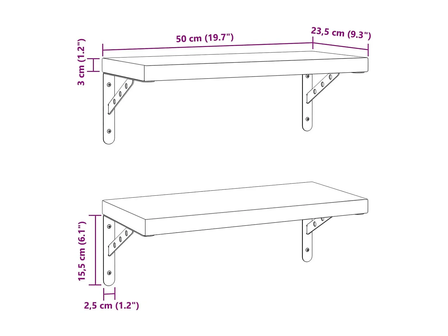 Étagères murales 2 pcs 50x23,5 cm noir acier inoxydable