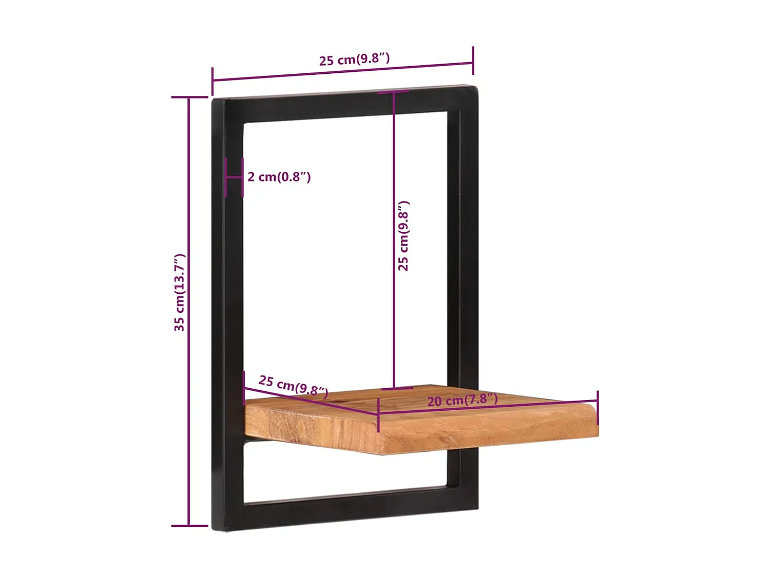 Wandschappen 2 st 25x25x35 cm massief acaciahout en staal