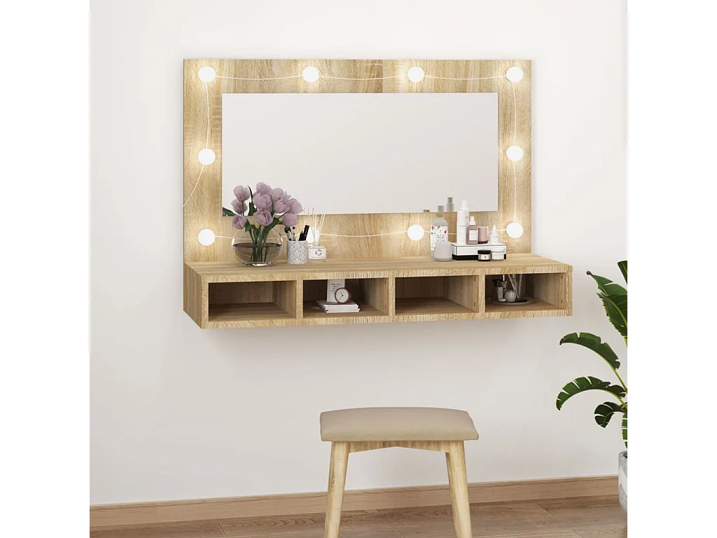 Mobile a Specchio con LED Rovere Sonoma 90x31,5x62 cm