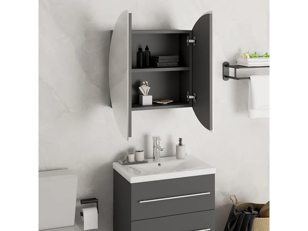 Armoire de salle de bain miroir rond et LED Gris 47x47x17,5 cm