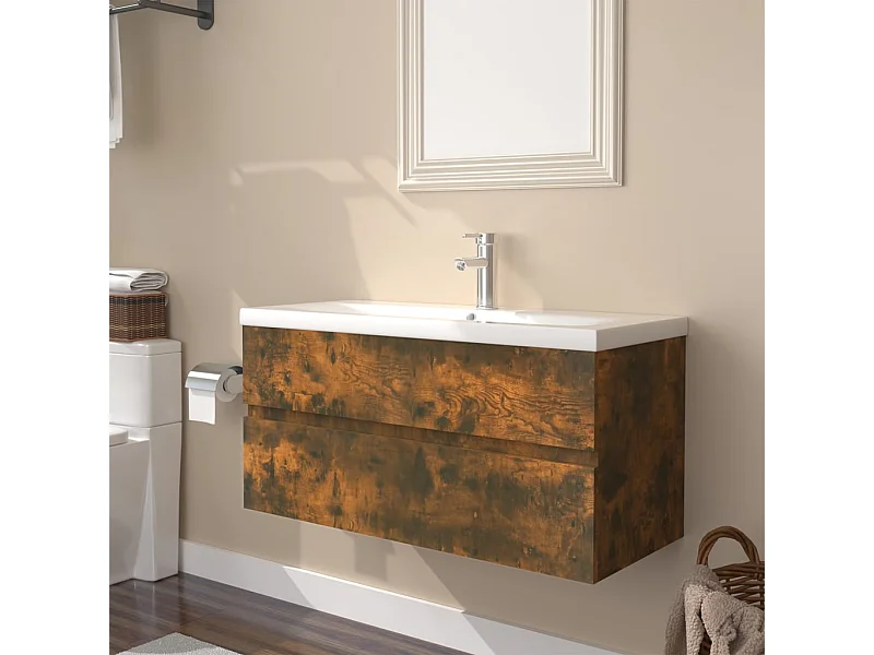 Mobile Bagno con Lavabo Integrato Rovere Fumo Legno Multistrato