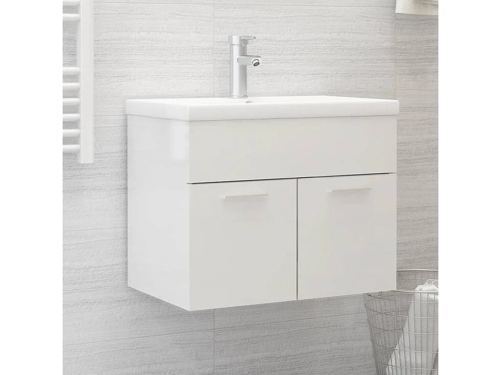 Armoire d'évier avec lavabo intégré Blanc brillant Aggloméré