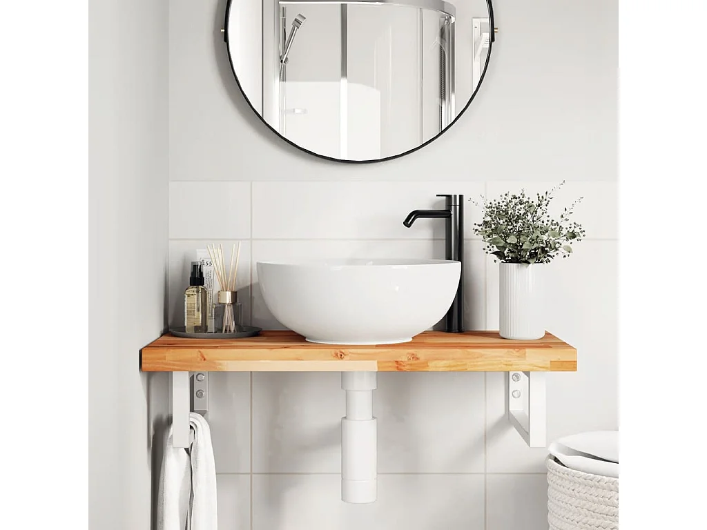 Ripiano a Parete per Lavabo in Acciaio e Massello di Acacia