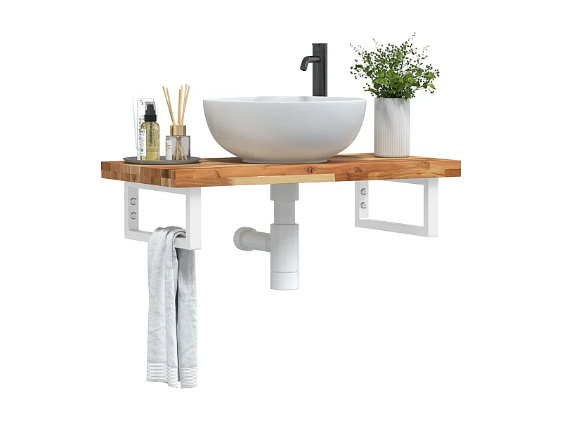 Ripiano a Parete per Lavabo in Acciaio e Massello di Acacia