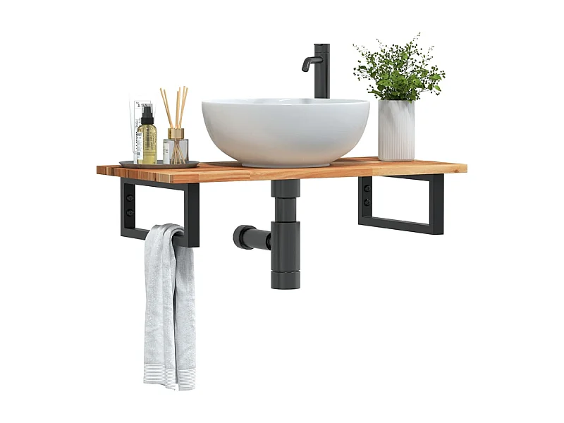 Ripiano a Parete per Lavabo in Acciaio e Massello di Acacia