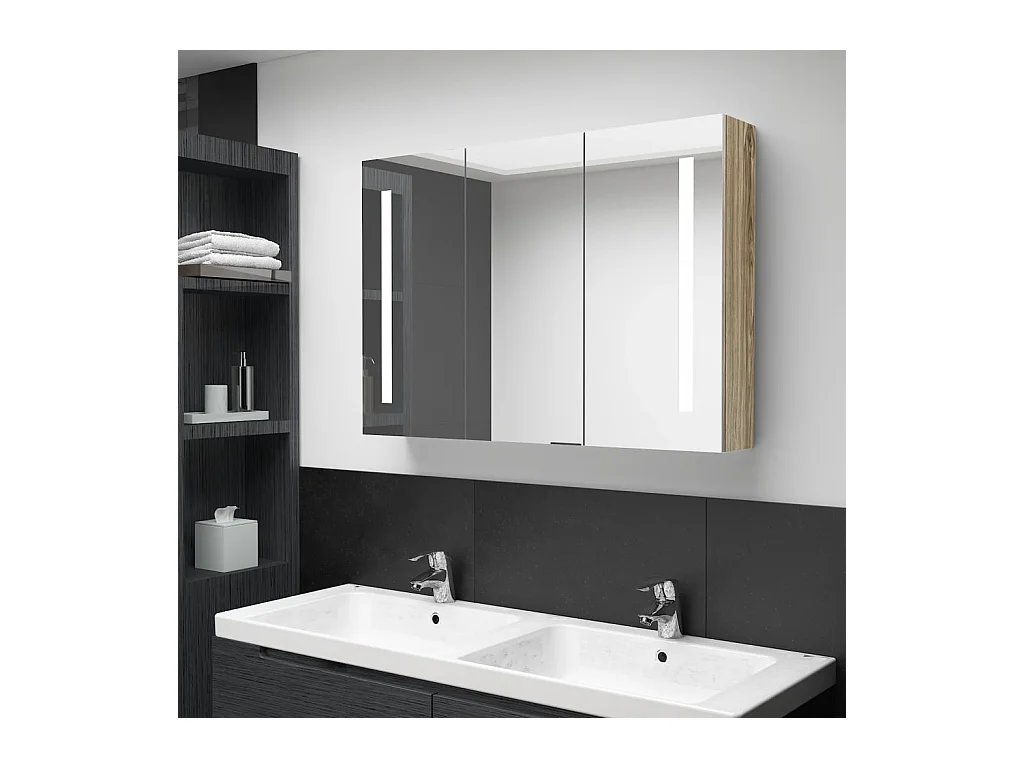 Armadietto Bagno con Specchio e LED 89x14x62 cm Rovere