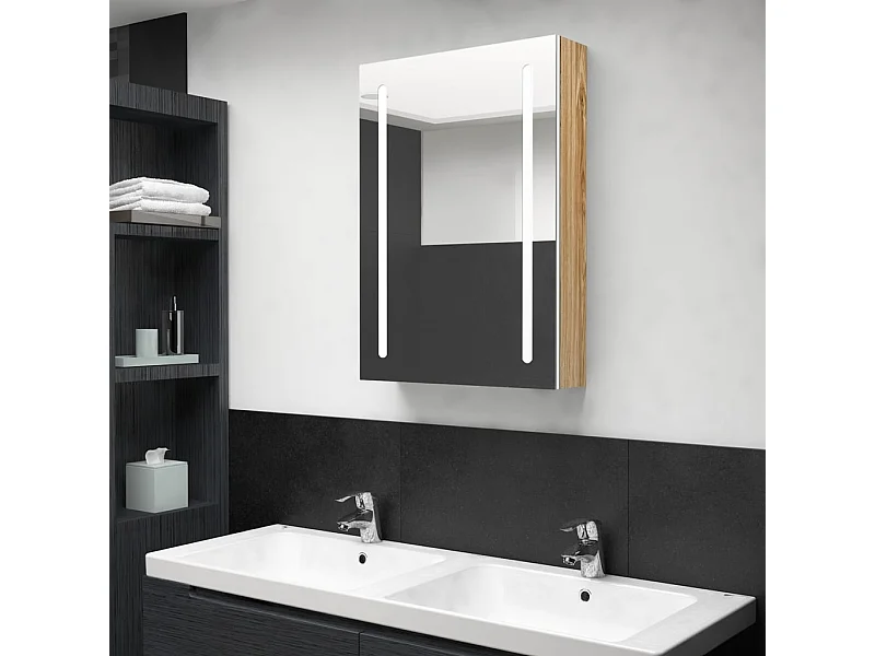 Armoire de salle de bain à miroir LED blanc et chêne 50x13x70cm