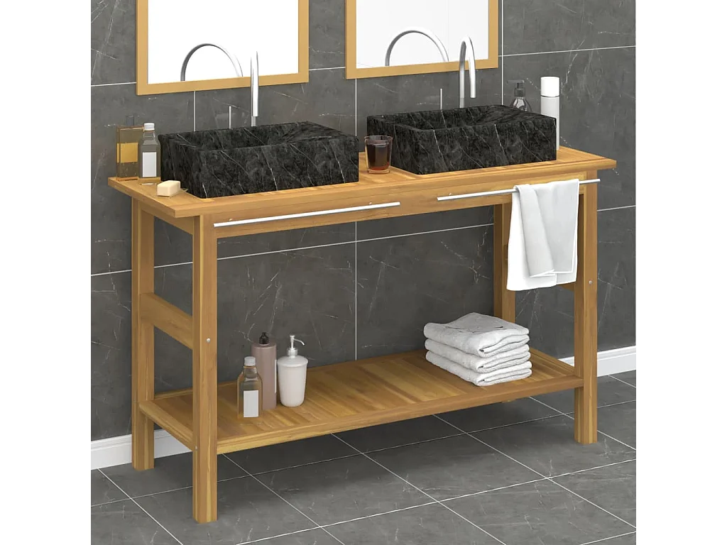 Armário casa de banho teca maciça c/ lavatórios mármore preto