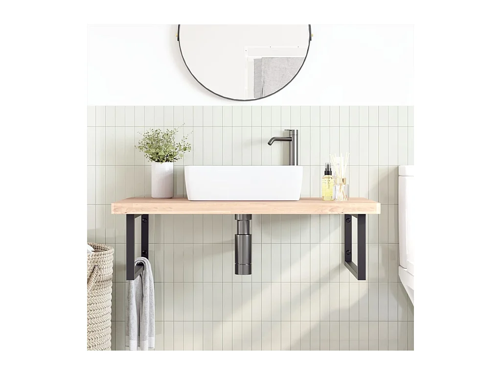 Ripiano a Parete per Lavabo in Acciaio e Massello di Faggio