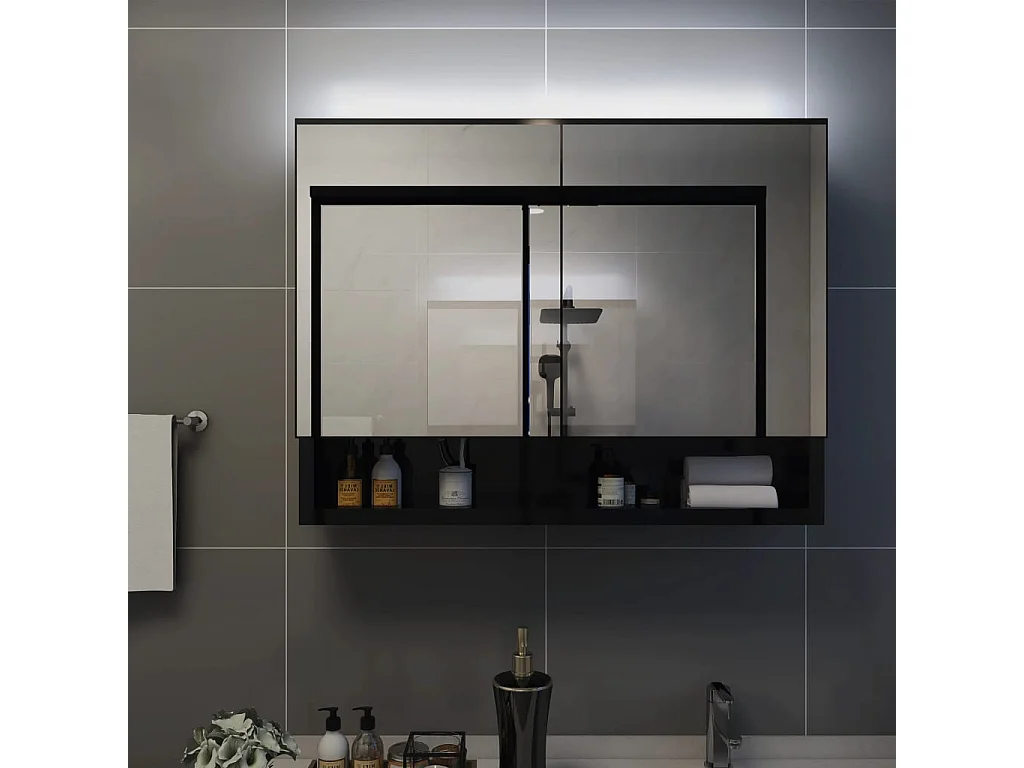 Armoire à miroir de salle de bain LED Noir 80x15x60 cm MDF