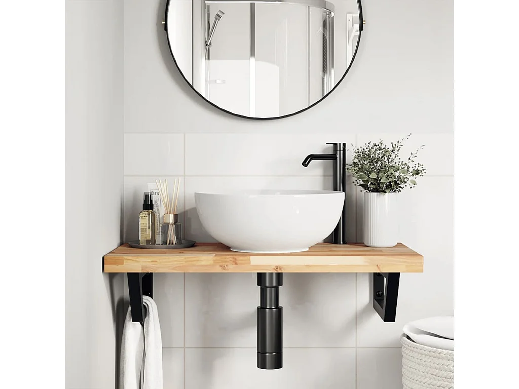 Ripiano a Parete per Lavabo in Acciaio e Massello di Acacia