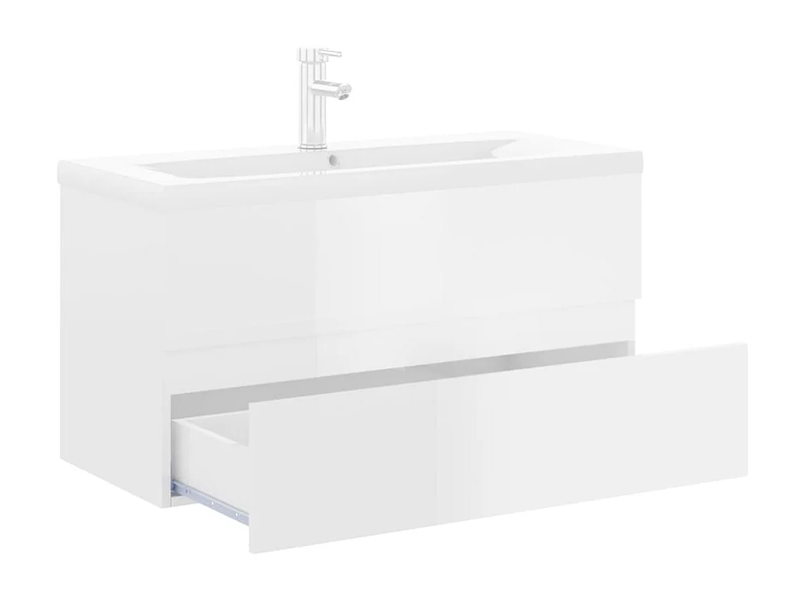 Armoire d'évier lavabo intégré blanc brillant bois d'ingénierie