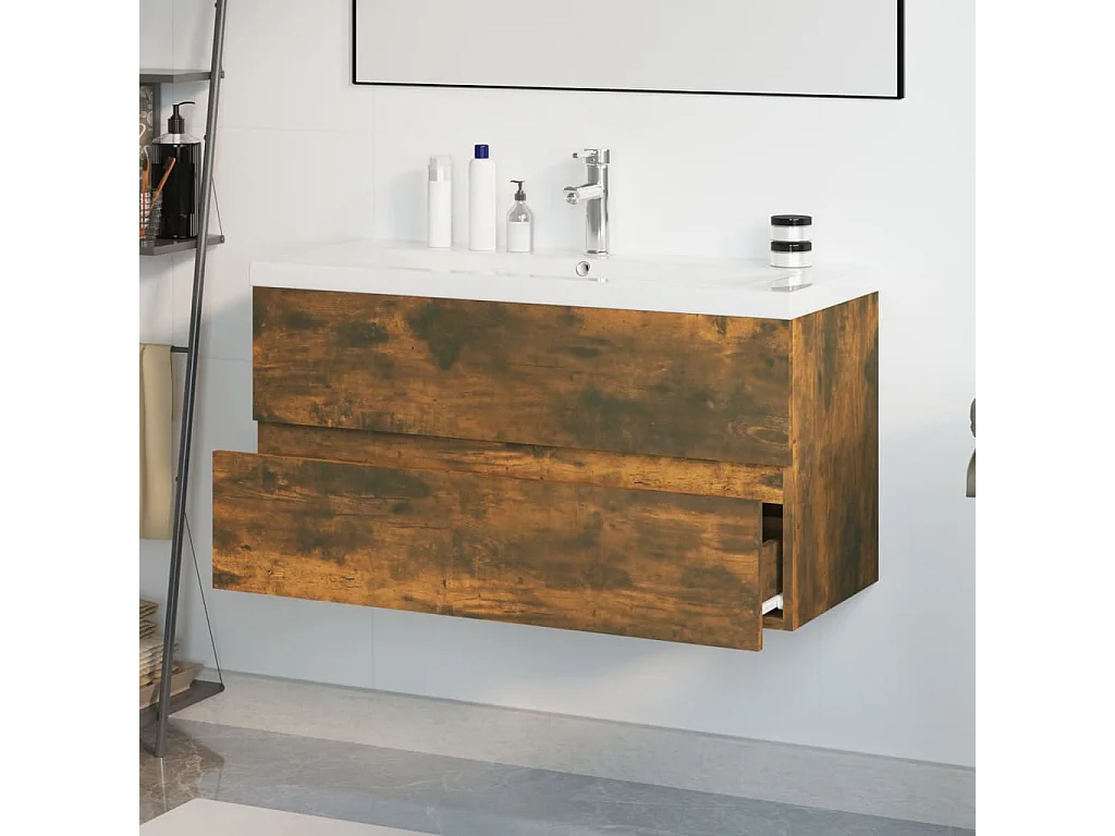 Waschbeckenschrank mit Einbaubecken Räuchereiche Holzwerkstoff