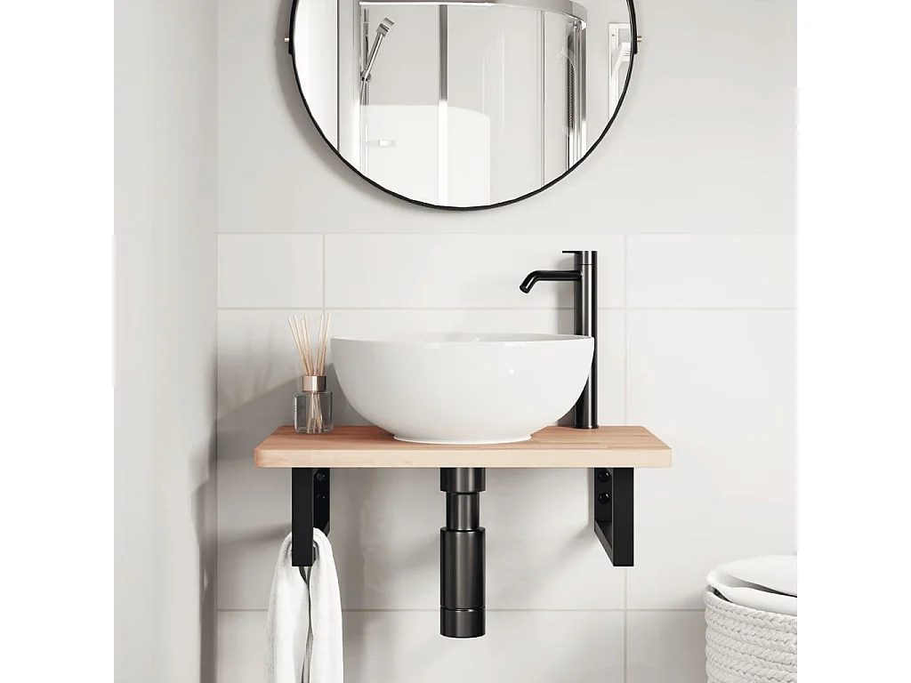 Étagère de vasque murale acier et bois massif de hêtre