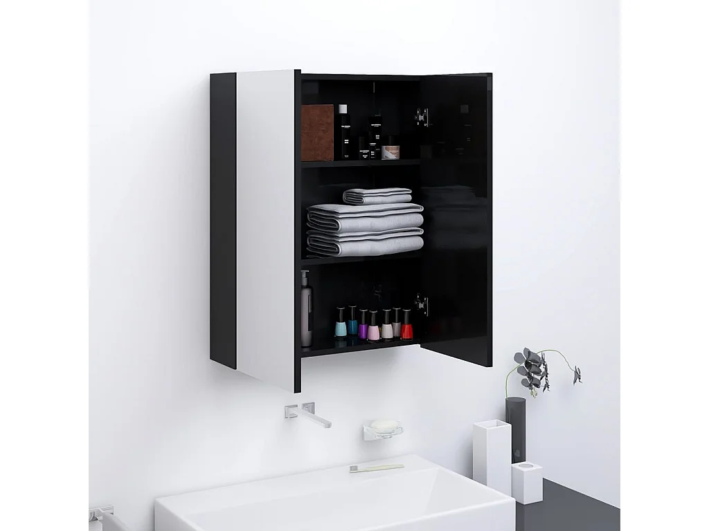 Armadietto a Specchio per Bagno 60x15x75 cm MDF Nero Lucido