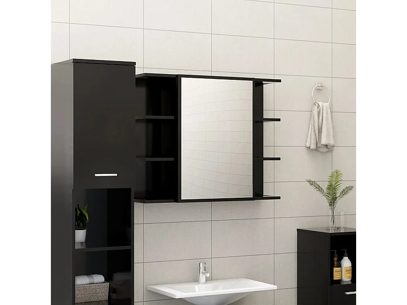 Armario de espejo de baño contrachapada negro 80x20,5x64 cm
