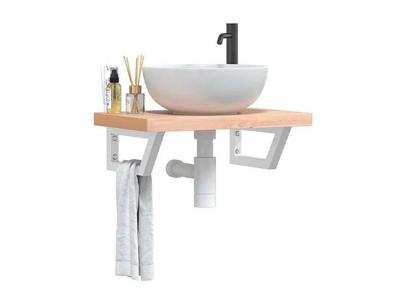 Ripiano a Parete per Lavabo in Acciaio e Massello di Faggio