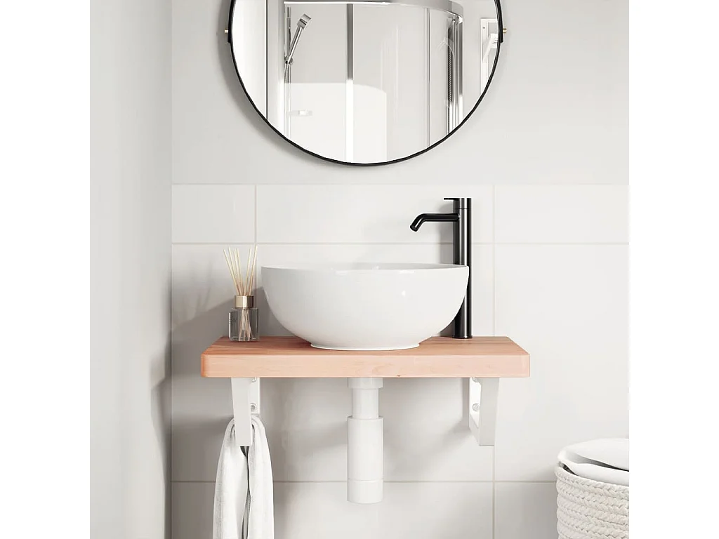 Ripiano a Parete per Lavabo in Acciaio e Massello di Faggio