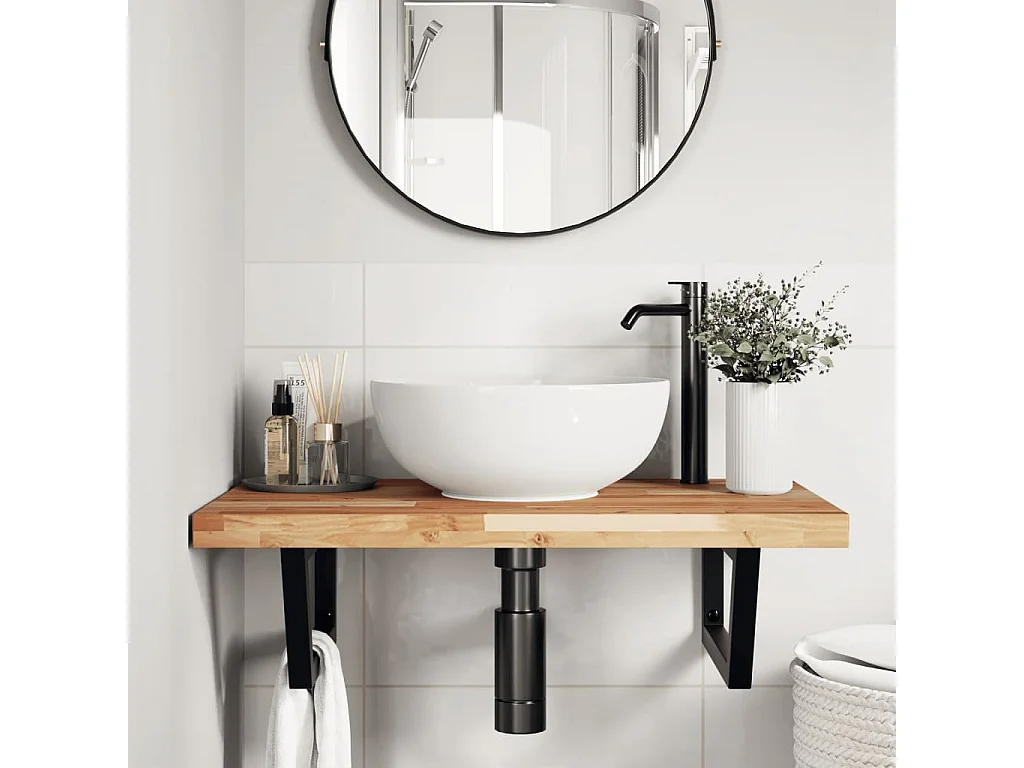 Ripiano a Parete per Lavabo in Acciaio e Massello di Acacia