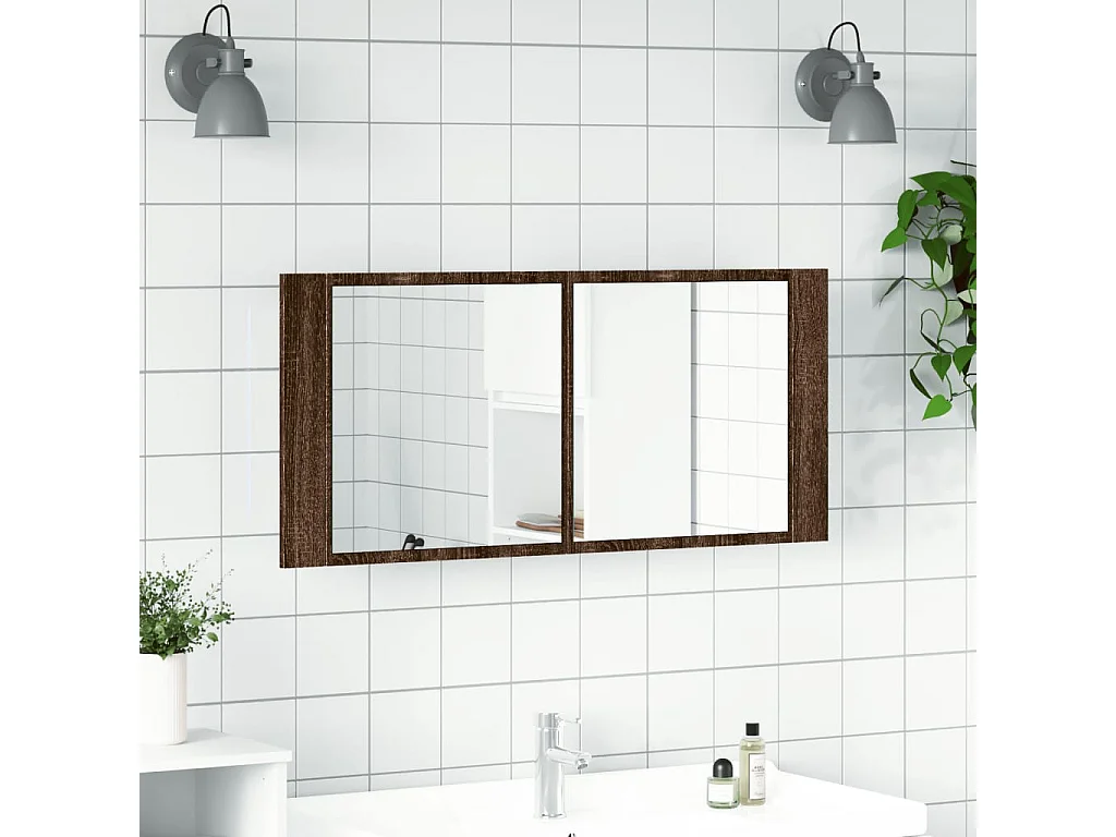 Armadietto Specchio con LED da Bagno Rovere Marrone 100x12x45cm