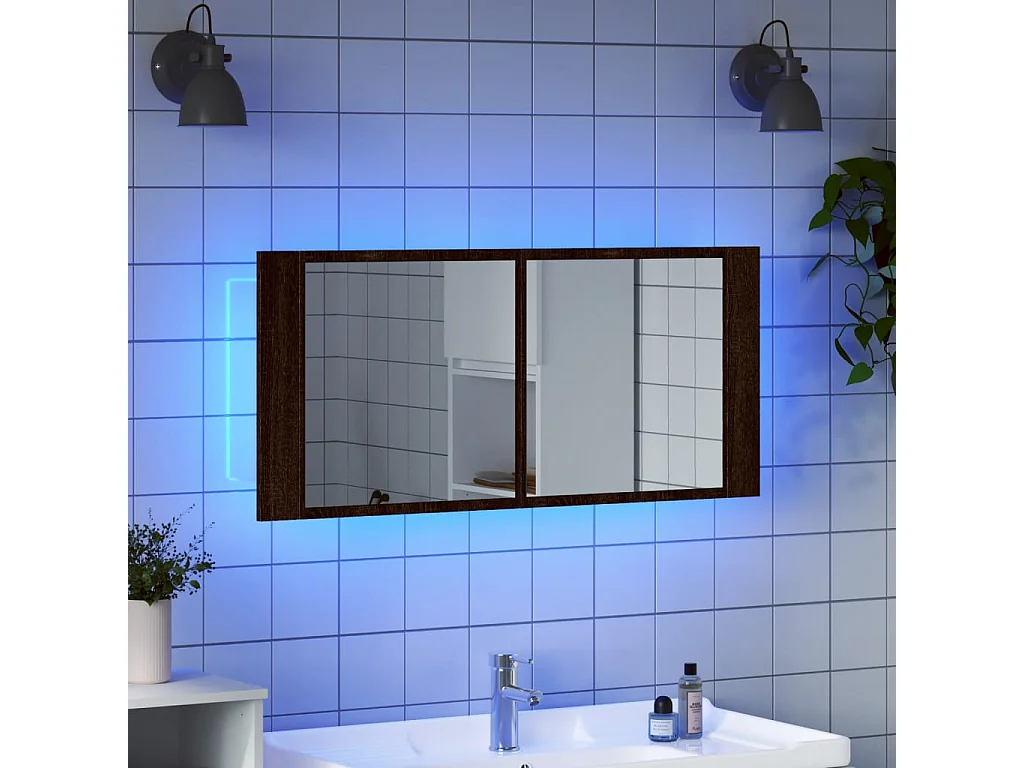 Armoire à miroir à LED de bain chêne marron 100x12x45 cm