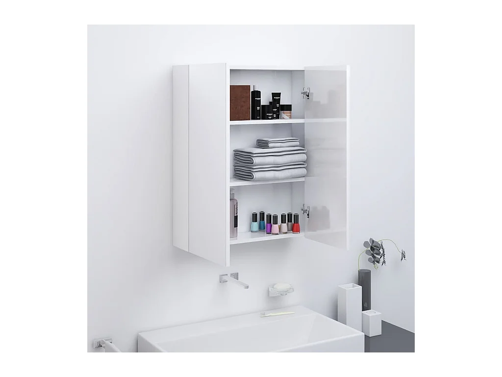 Armadietto a Specchio per Bagno 60x15x75 cm MDF Bianco Lucido