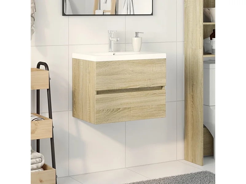 Ensemble de meubles de bain 2pcs céramique et bois d'ingénierie