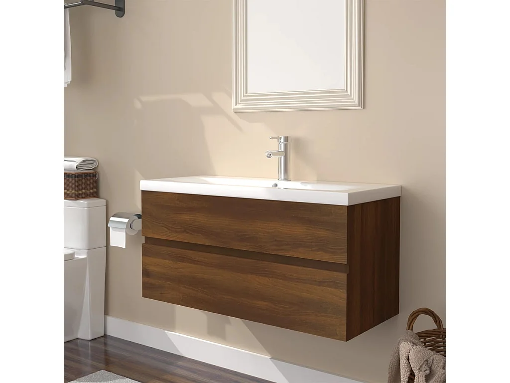 Meuble lavabo avec bassin intégré Chêne brun Bois d'ingénierie
