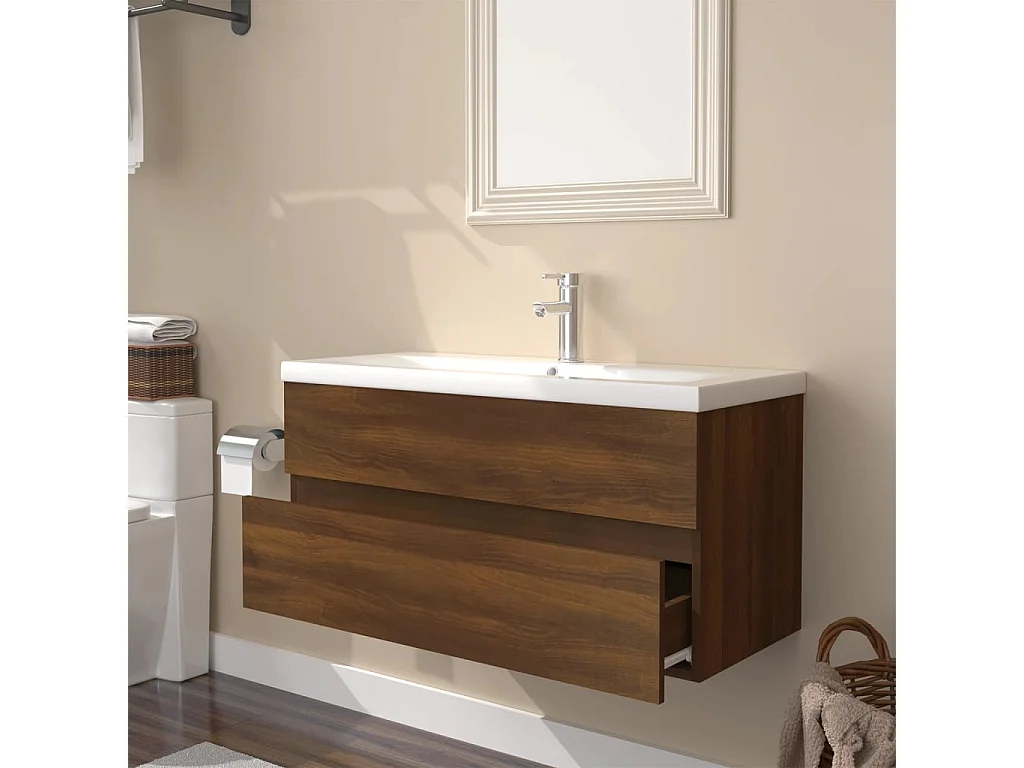 Meuble lavabo avec bassin intégré Chêne brun Bois d'ingénierie