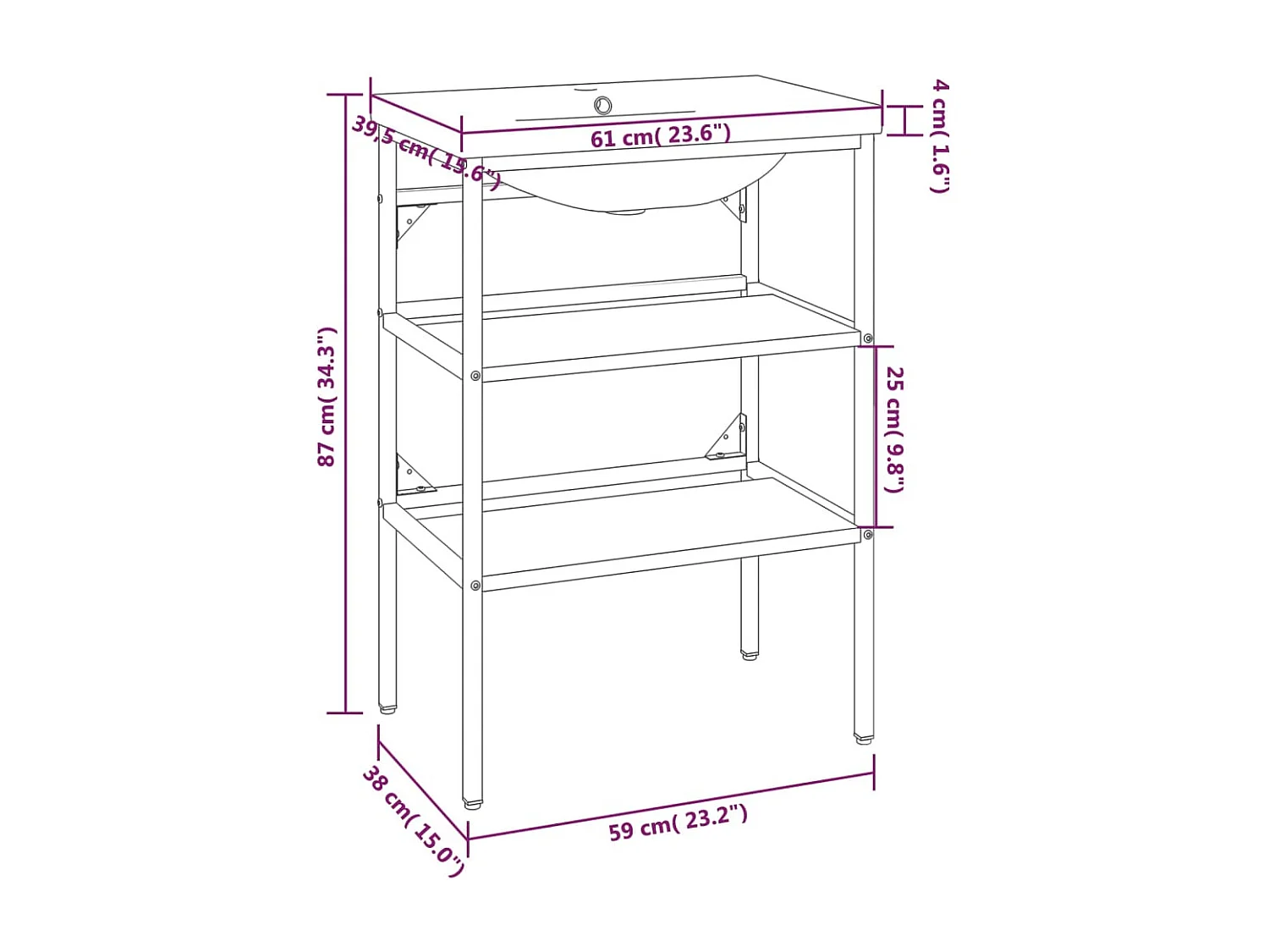 Telaio per Lavabo da Bagno con Lavabo Integrato Nero in Ferro