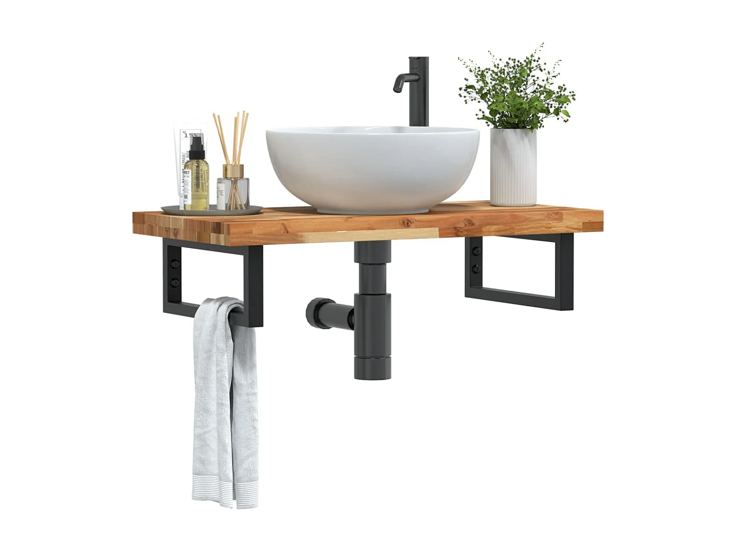 Estante de lavabo de pared acero y madera maciza de acacia