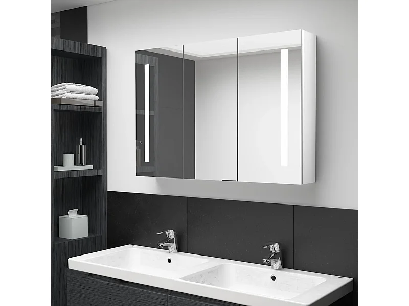 Armadietto Bagno con Specchio e LED Bianco Lucido 89x14x62 cm