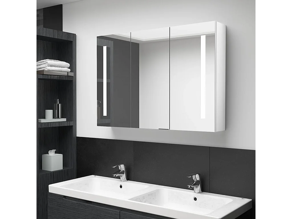 Armoire de salle de bain à miroir LED 89x14x62cm Blanc brillant