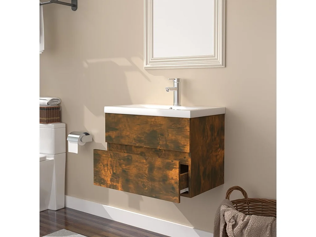 Mobile Bagno con Lavabo Integrato Rovere Fumo Legno Multistrato