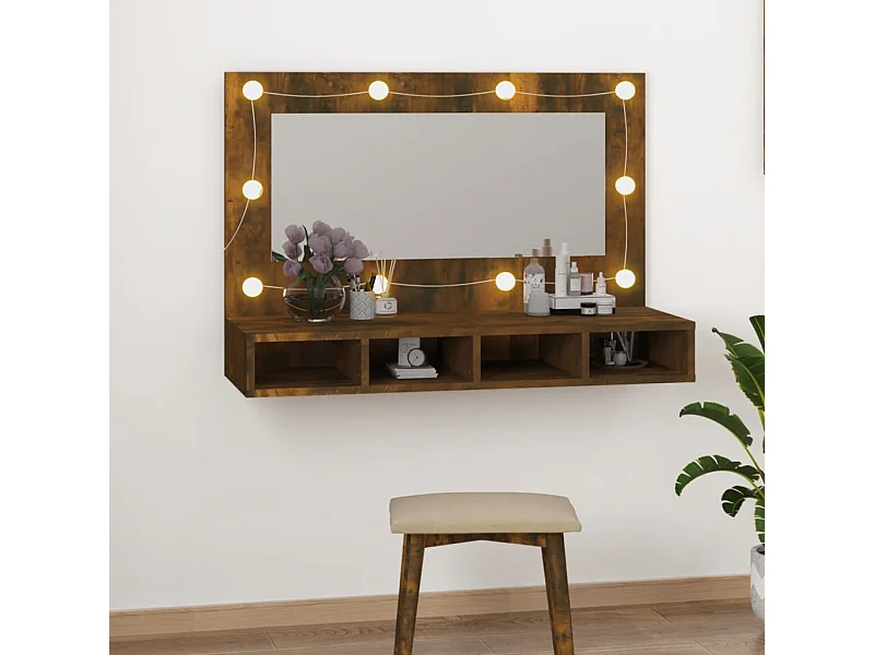 Mueble con espejo y LED color roble ahumado 90x31,5x62 cm