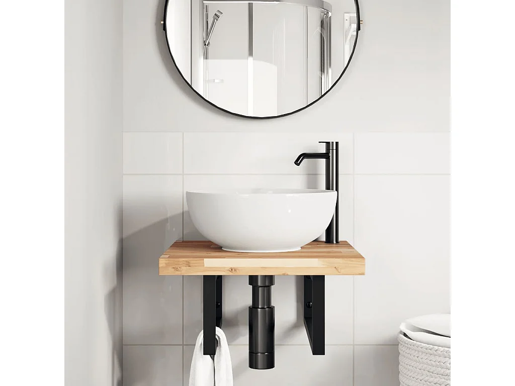 Prateleira de parede p/ lavatório aço/madeira de acácia maciça