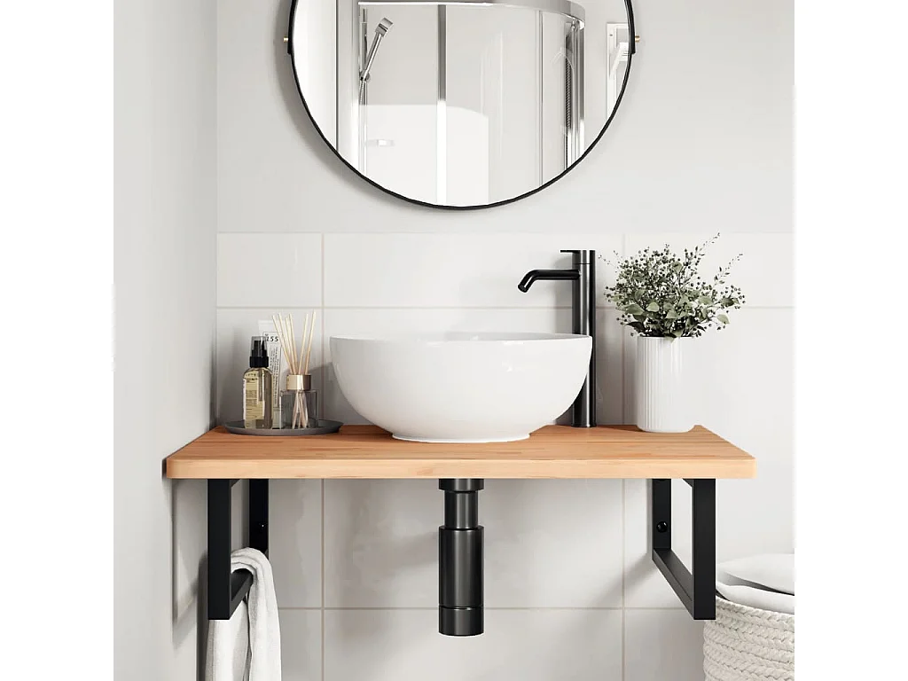 Étagère de vasque murale acier et bois massif de hêtre