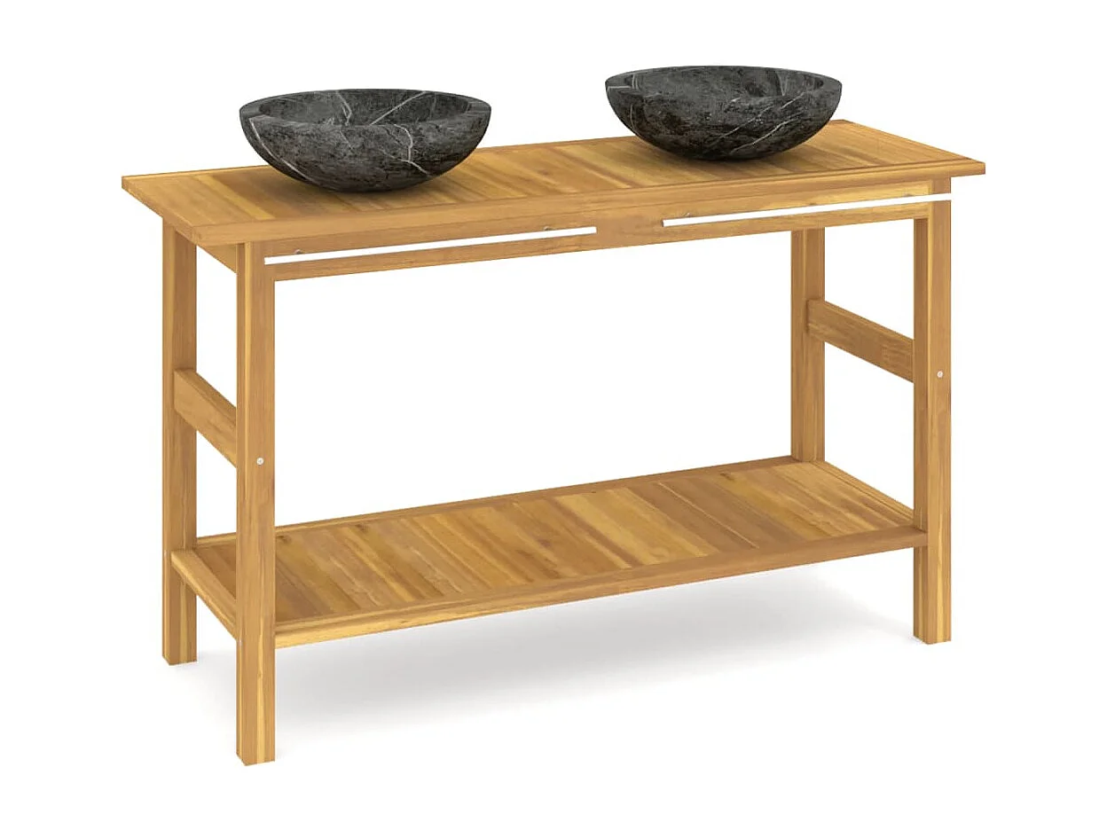 Mobile Vanità Bagno e Lavandini Marmo Nero Legno Massello Teak