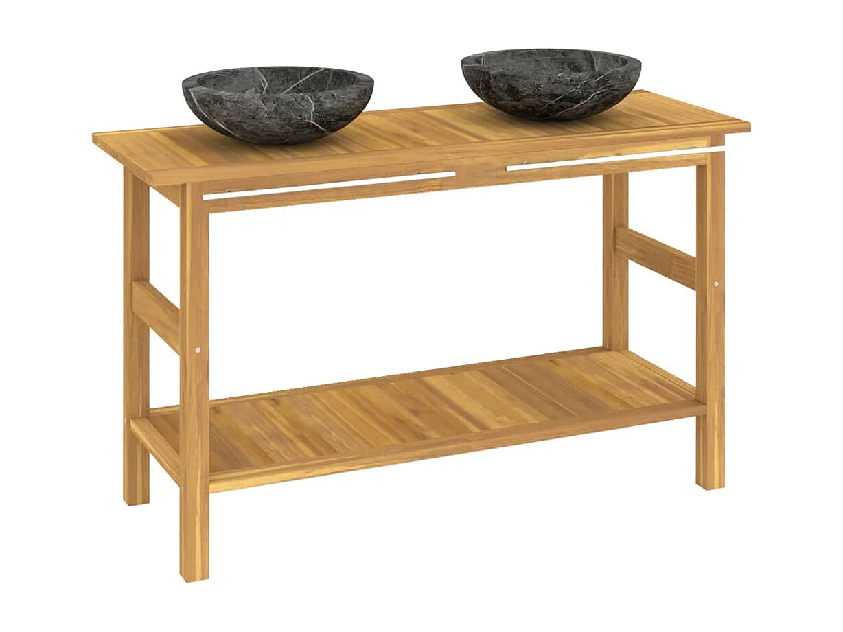 Mobile Vanità Bagno e Lavandini Marmo Nero Legno Massello Teak