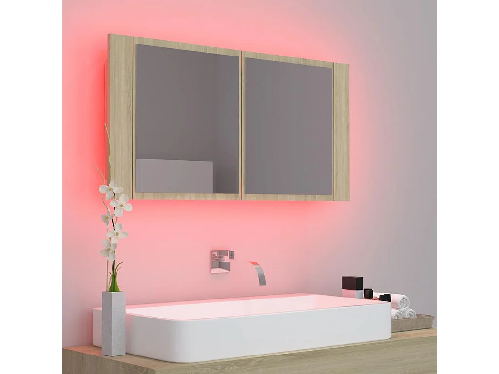 Armario espejo de baño LED acrílico roble Sonoma 90x12x45 cm