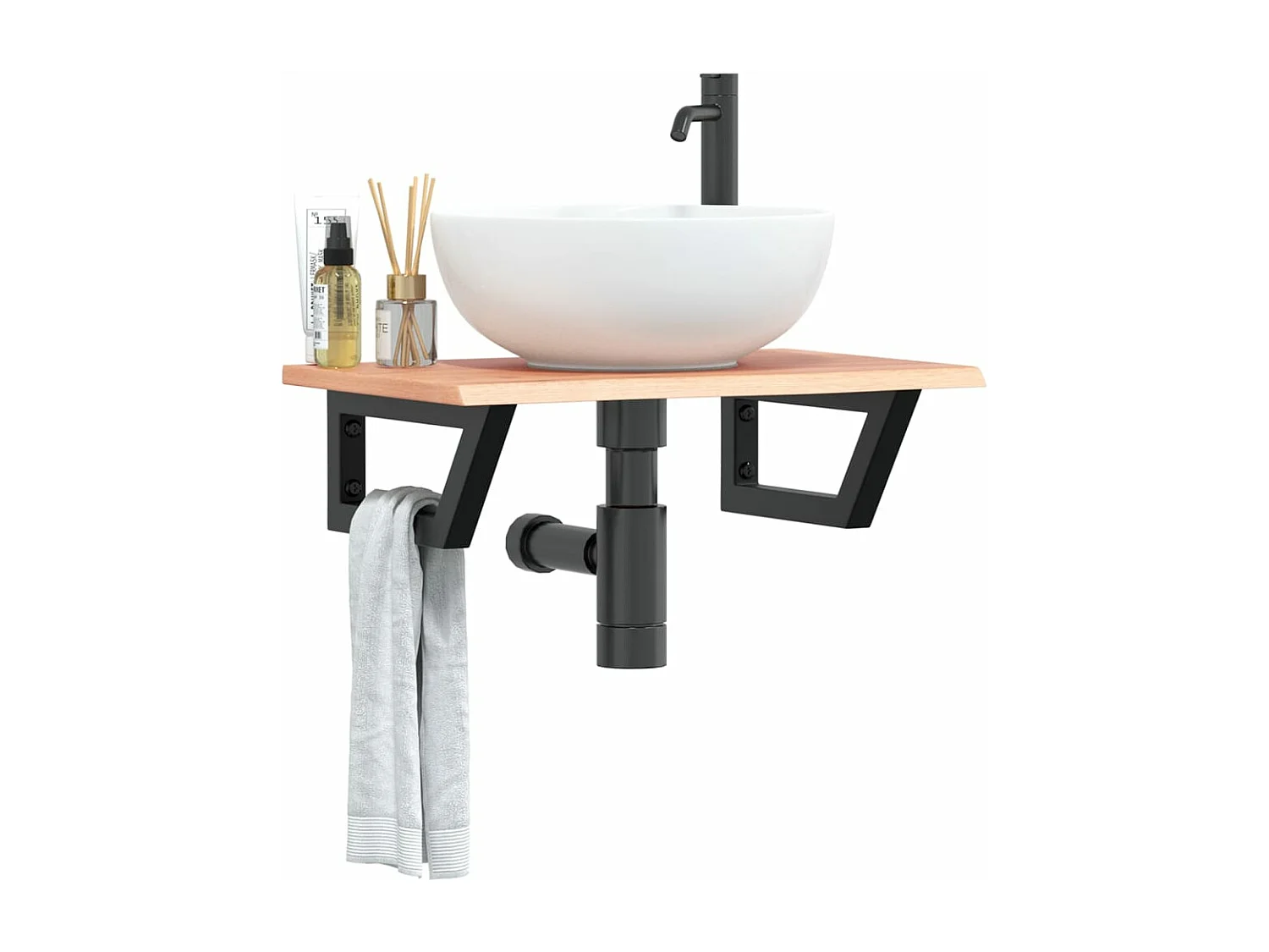 Estante de lavabo de pared de acero y madera maciza de roble