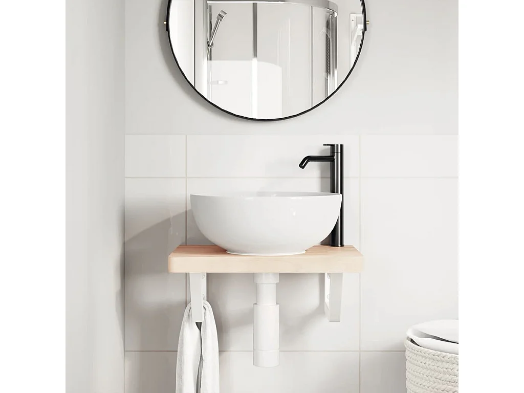 Ripiano a Parete per Lavabo in Acciaio e Massello di Faggio